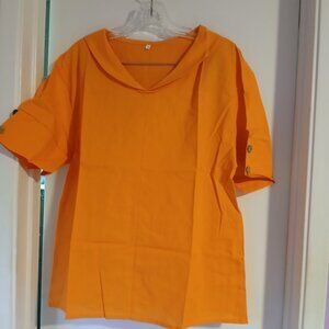 Women's V Neck Half Sleeve  Collar Loose Top Orange NWT